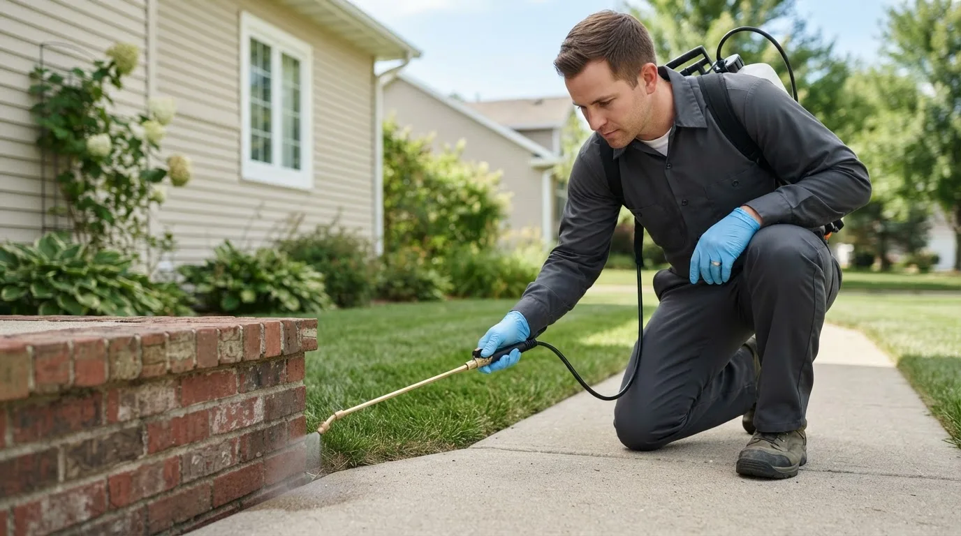 Pest control technician treating a home near Moline, IL