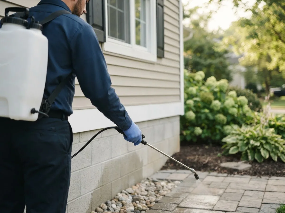 Pest control technician inspecting a home in Moline, IL